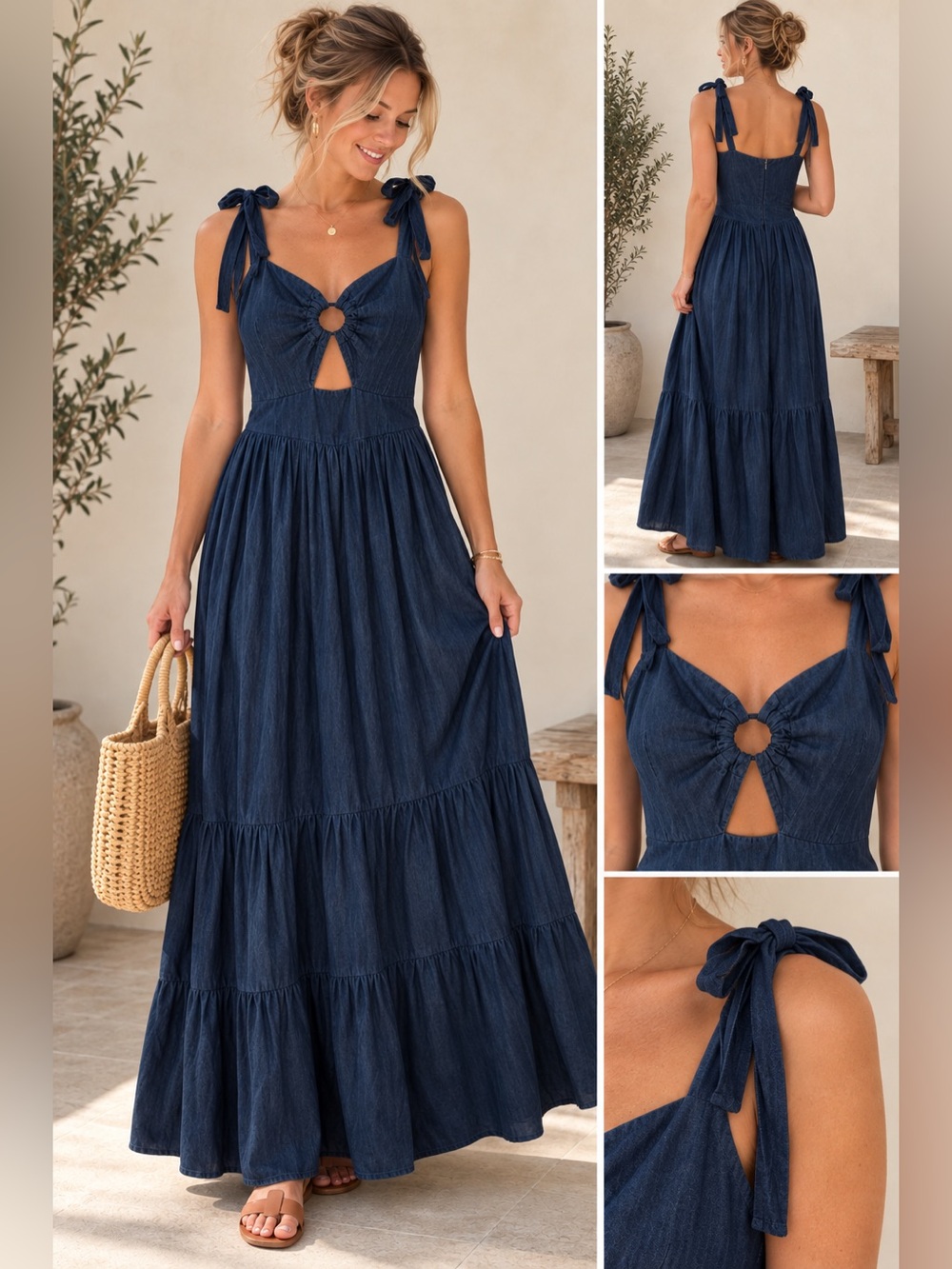 Ítala Navy Cotton Cutout Tie Strap Maxi Dress